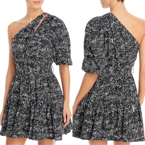 NWT JONATHAN SIMKHAI Swim One Shoulder Printed Swim Mini Dress Black White M - Picture 1 of 7